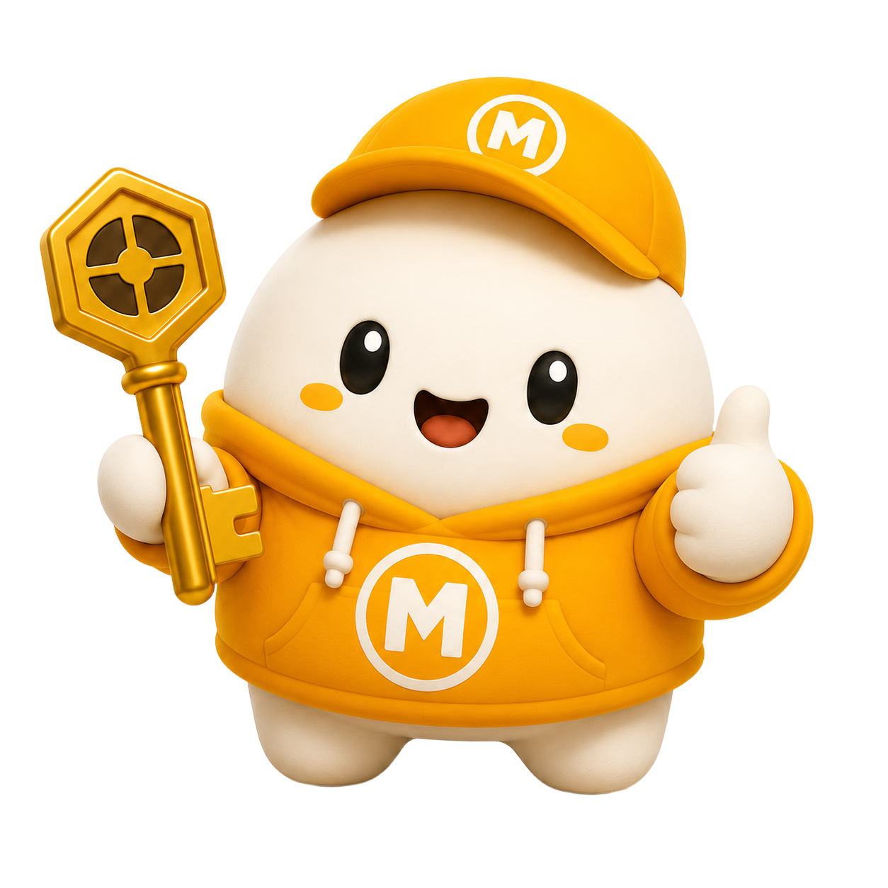 Mochi holding a key and giving a thumbs up